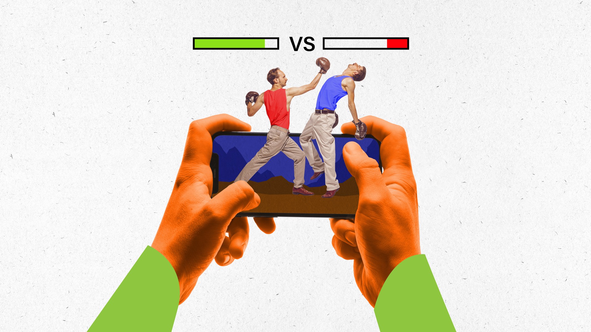 Modern aesthetic artwork. Hands holding smartphone with image of two boxers fighting, health bars at top.